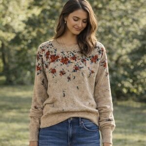 LC Lauren Conrad Floral Sweater Beige Cottagecore Knit Pullover Size S